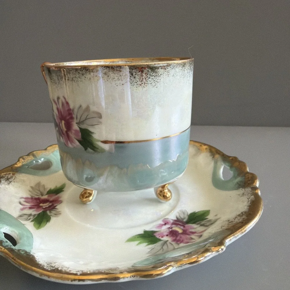 VTG Mid Century Tea Cup Saucer Sterling China Iridescent Floral Gold Tri Footed